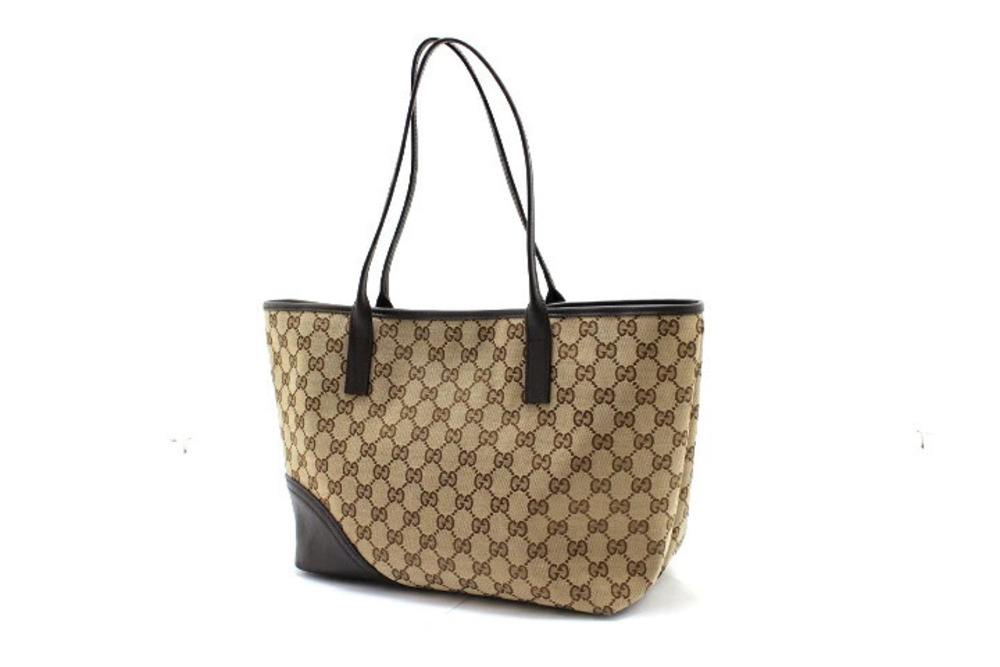Gucci GG Beige Dark Cream Canvas Brown Tote Leather Bag Cream Brown